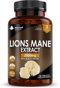 Lions Mane Mushroom Extract Supplement 2000mg - 180 High Strength Vegan Tablets with Black Pepper - (Not Powder or Capsules) Made in The UK by New Leaf Products