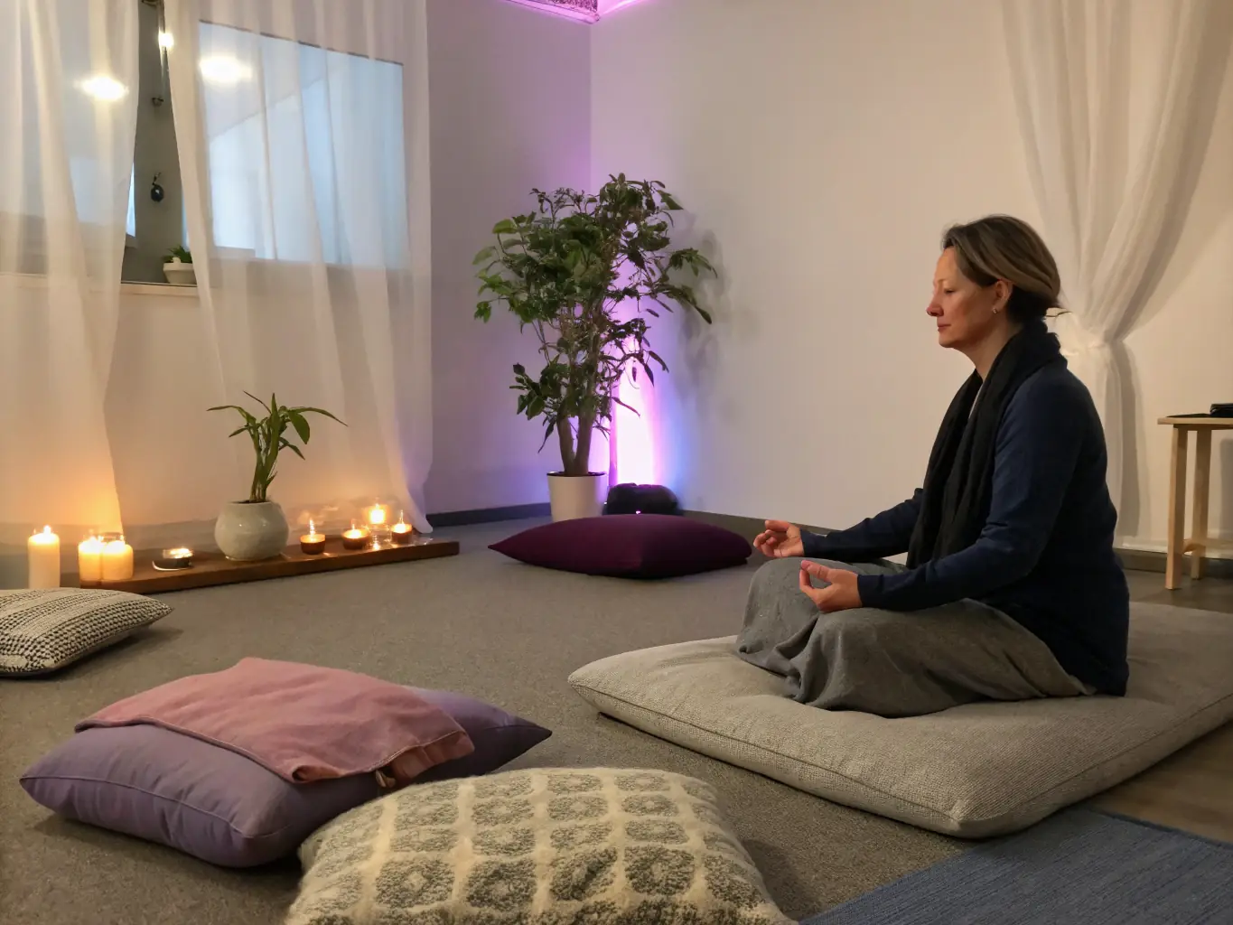 A person practicing mindfulness, using ShroomCaps products to support mental well-being and clarity. The image should convey a sense of peace and mindfulness.