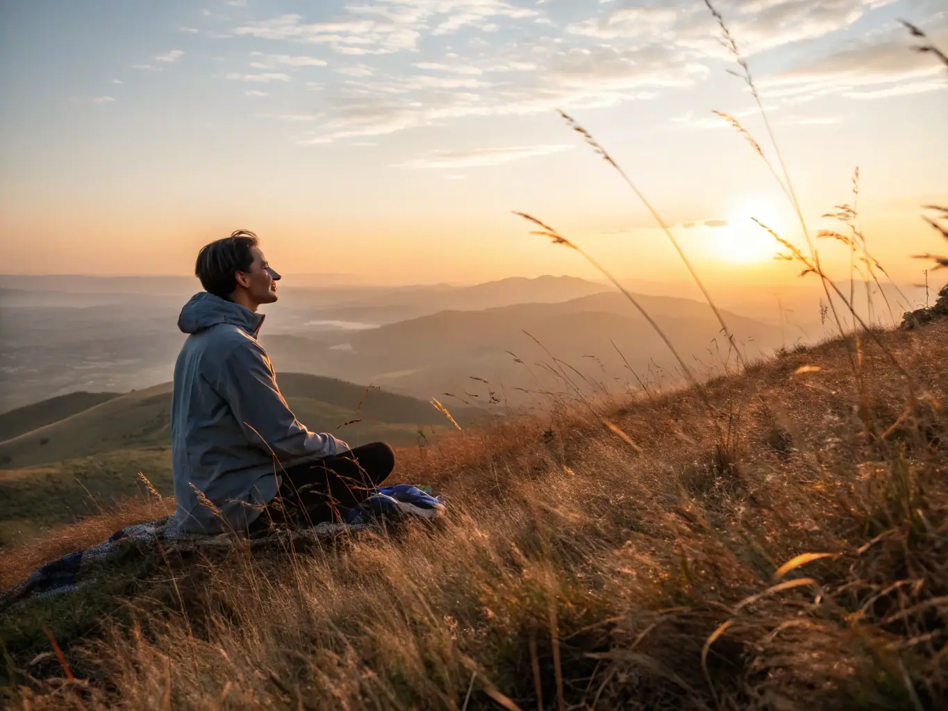 A person meditating in a serene environment, using ShroomCaps products to enhance focus and clarity. The image should convey a sense of calm and mental sharpness.