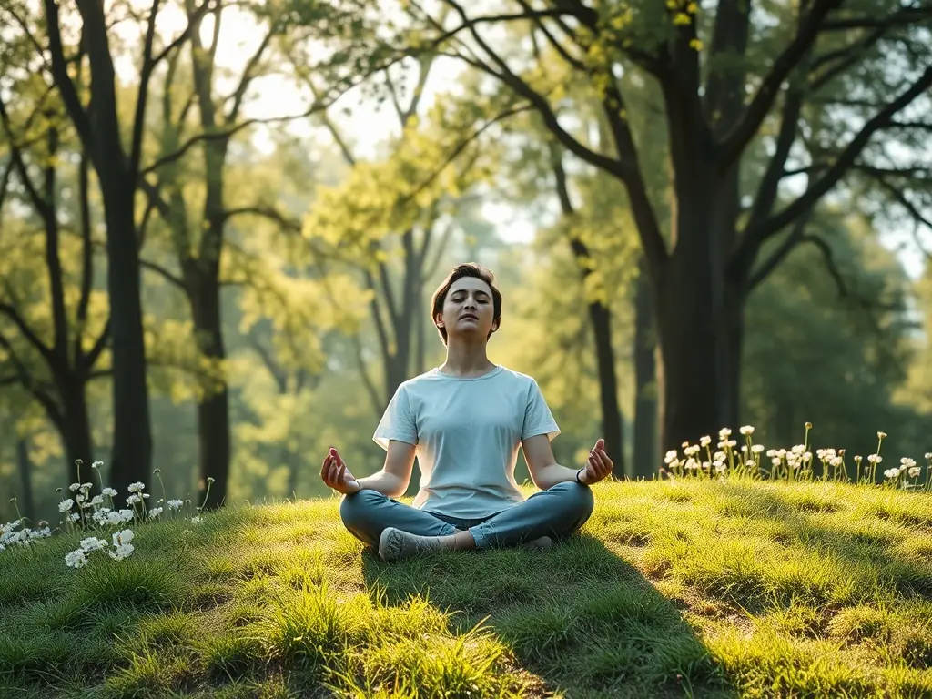 A person meditating peacefully in a serene natural setting, with soft, diffused light enhancing the sense of calm and focus. The image represents the mindfulness and relaxation benefits of the Premium Blends collection.