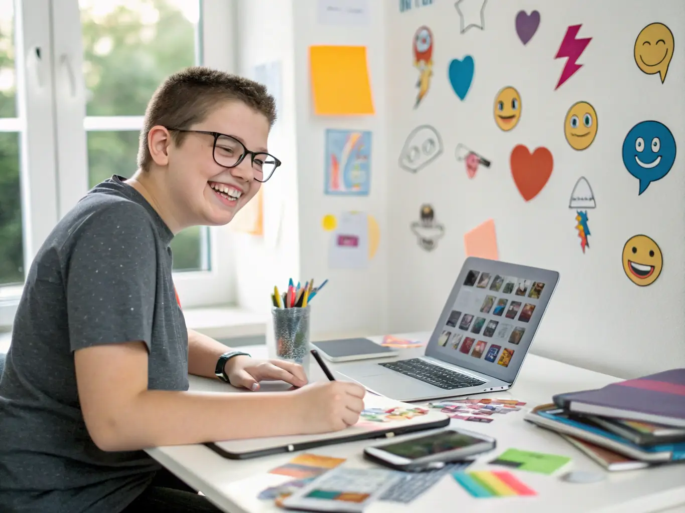 A person working on a creative project, using ShroomCaps products to boost creativity and mental clarity. The image should convey a sense of inspiration and innovation.